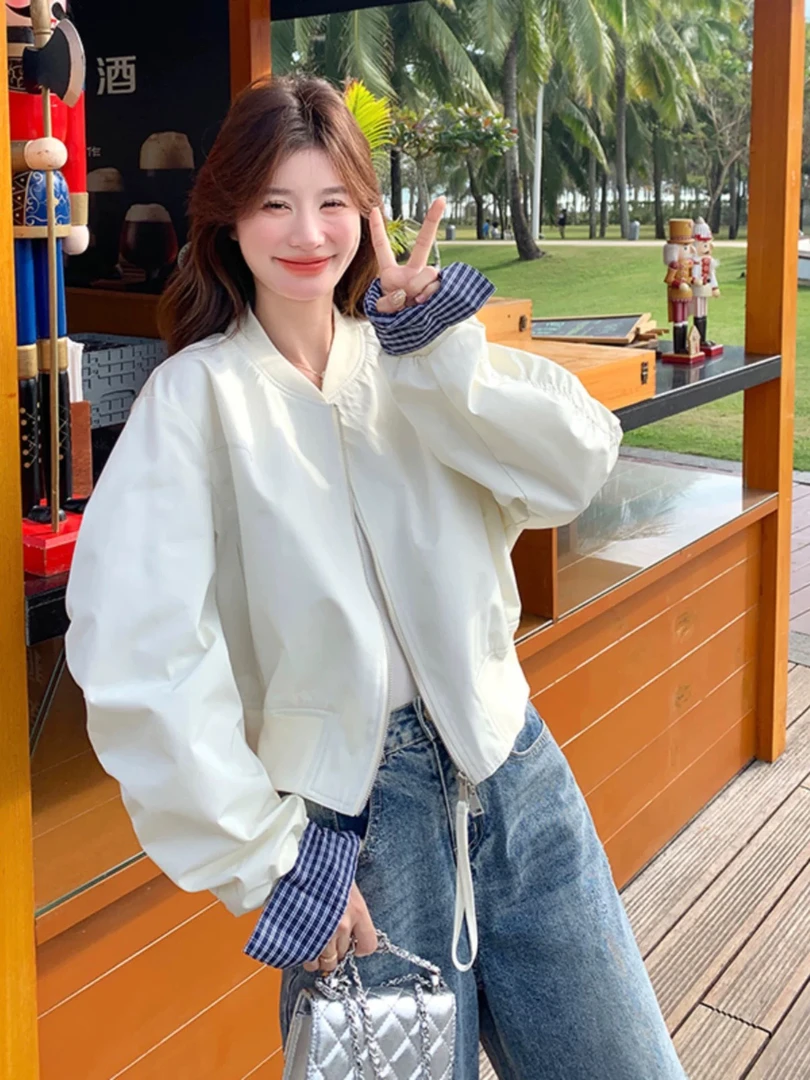 韩系立领小个子拼接袖棒球服短外套韩版棒球服休闲棒球服长袖短款