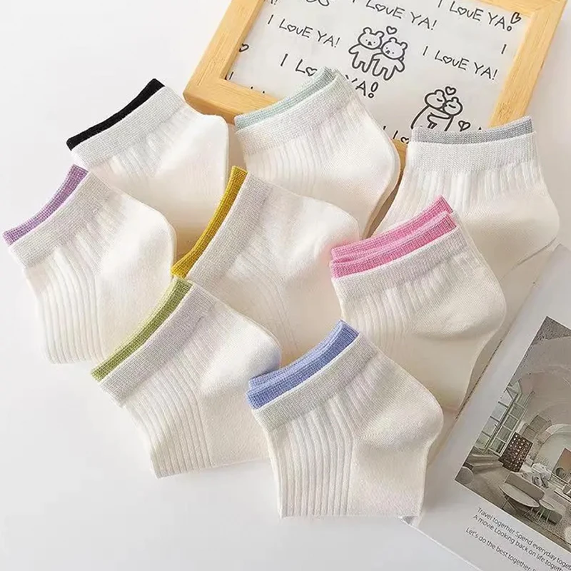 夏季ins女式双罗口撞色短袜彩色白色舒适纯色百搭短筒空调袜运动