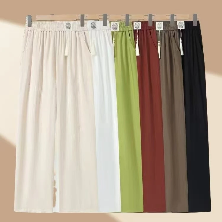 2025中式薄款九分裤  松紧腰国风百搭直筒樱花休闲裤