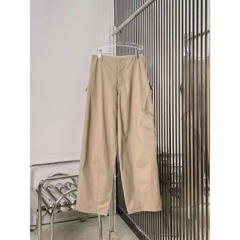 不对衬斜口袋卡其工装裤 宽松阔腿纯色休闲裤