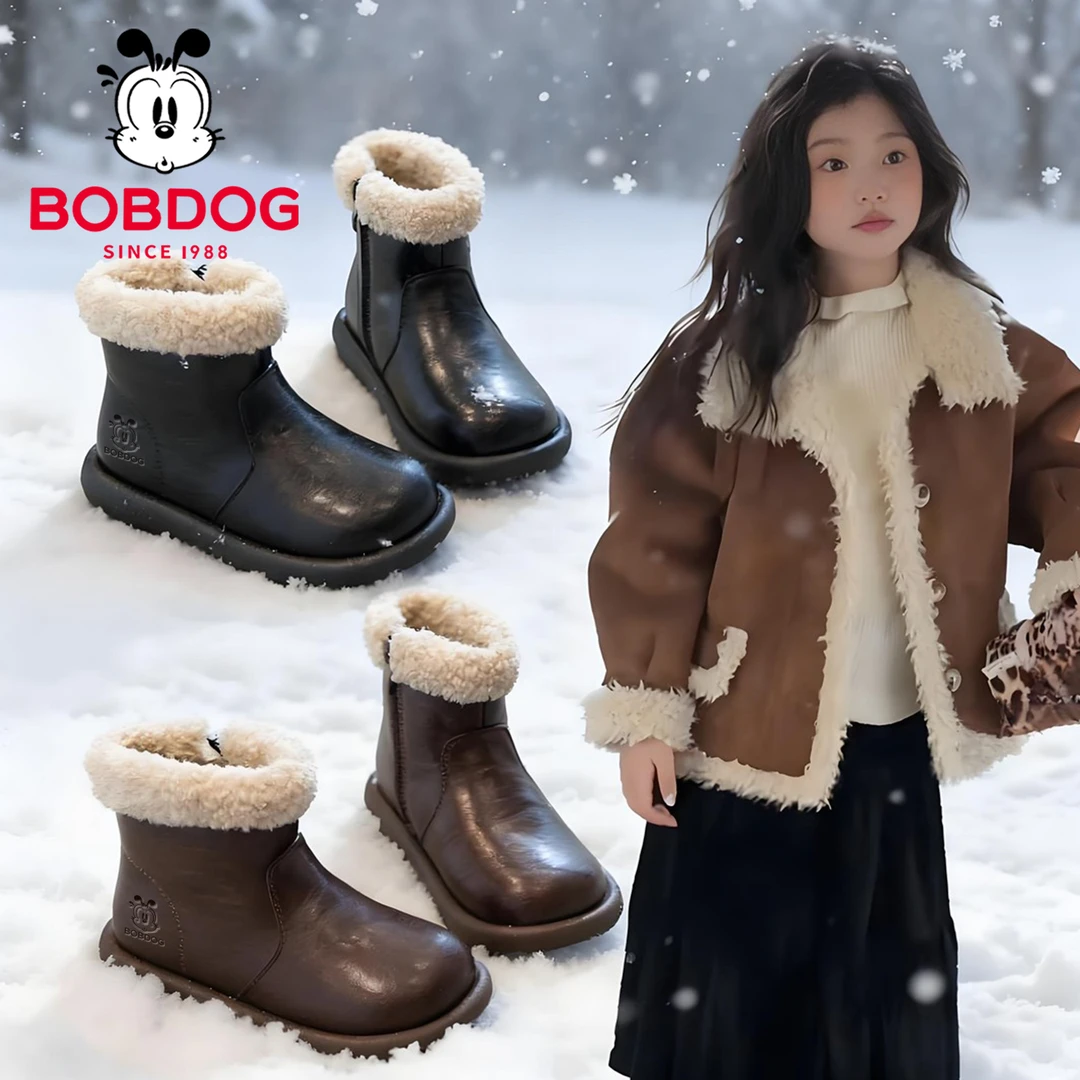 巴布豆女童马丁靴2025冬季新款儿童公主短靴加绒棉鞋女宝宝雪地靴