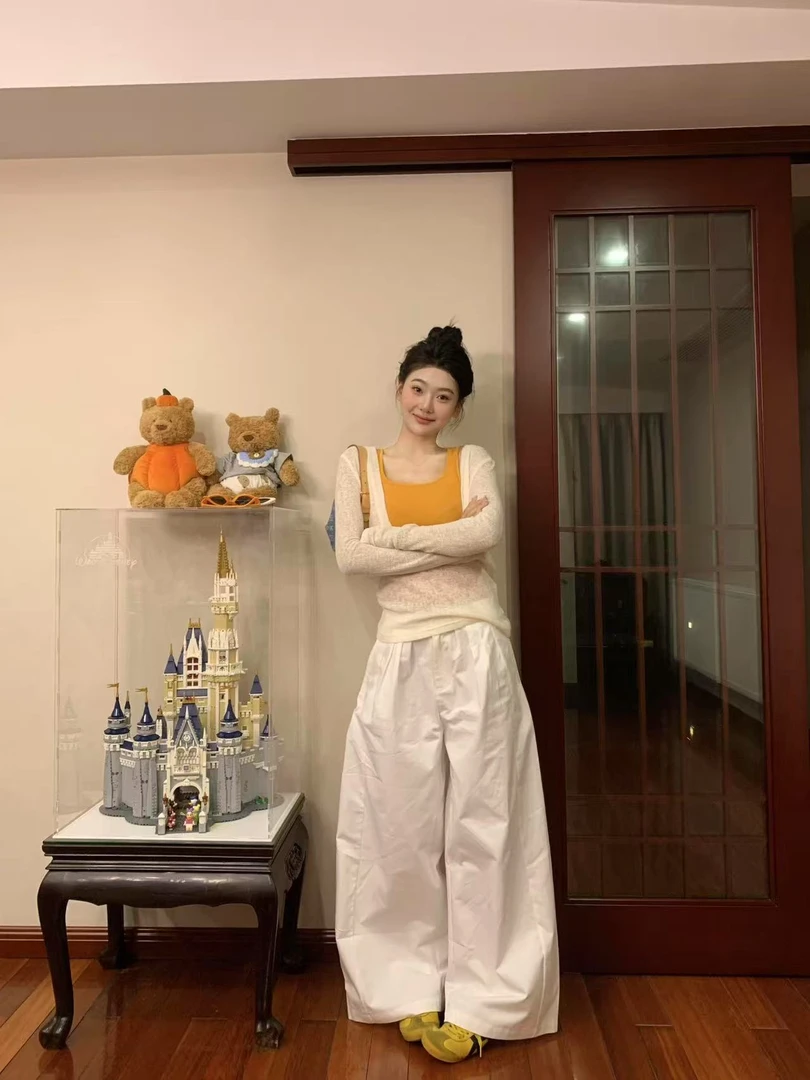 2025夏季新款韩系肌理感V领正肩透气长袖T恤罩衫橘色背心阔腿裤