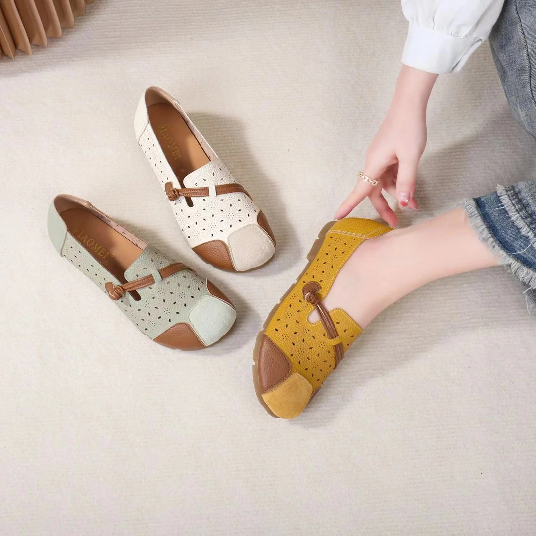 夏季镂空秀气时尚平底带扣小皮鞋软皮软底透气防滑百搭豆豆鞋休闲