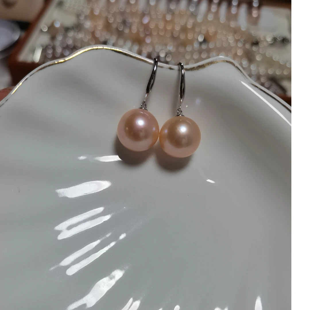 新品上新 爱迪生珍珠耳环正圆微瑕强光11.3mm粉橙经典时尚百搭