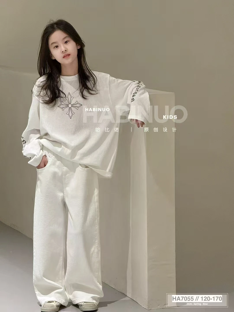 哈比诺春季女大童窄版直筒裤牛仔长裤
