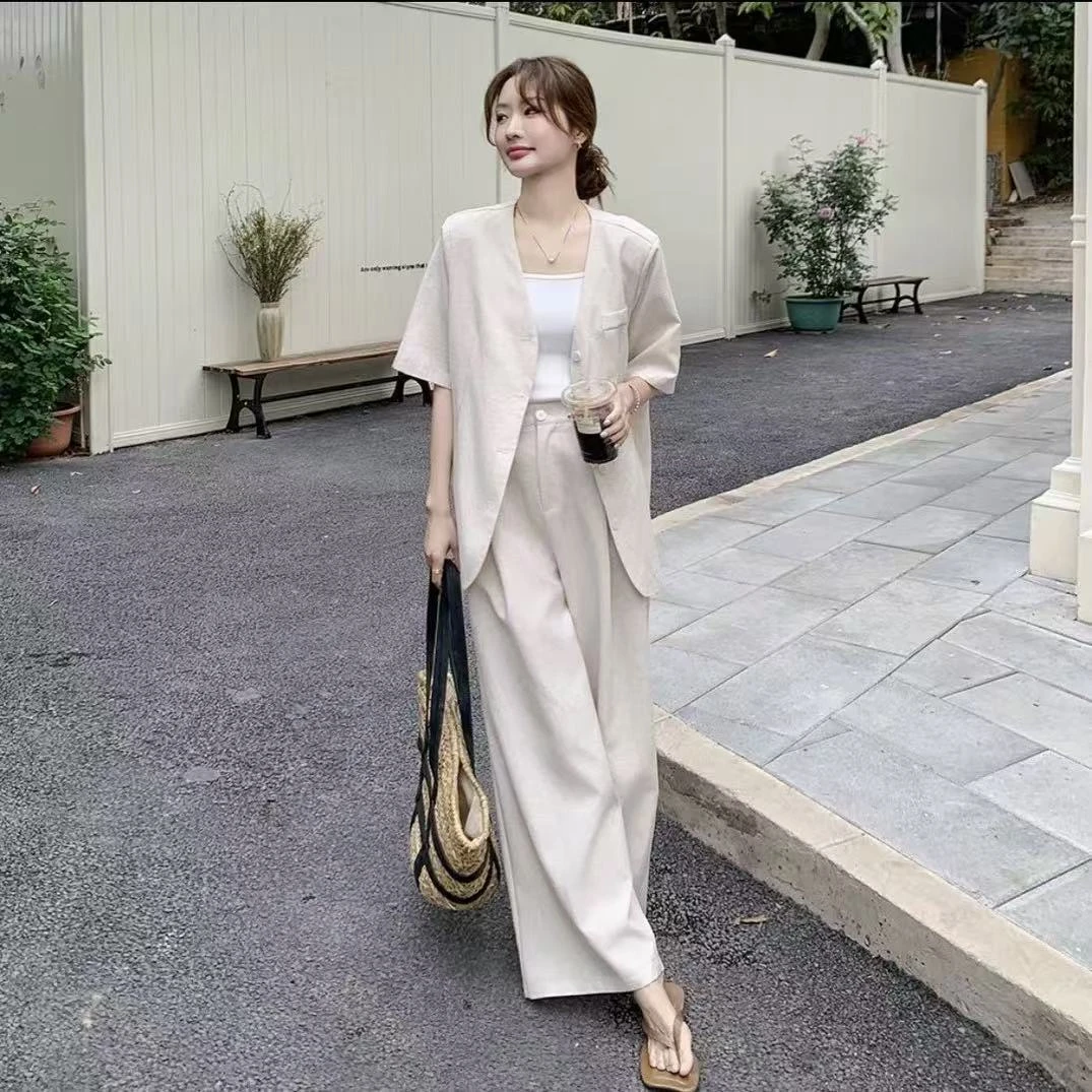 《喜番》9663时尚韩系米白色西装阔腿裤套装女
