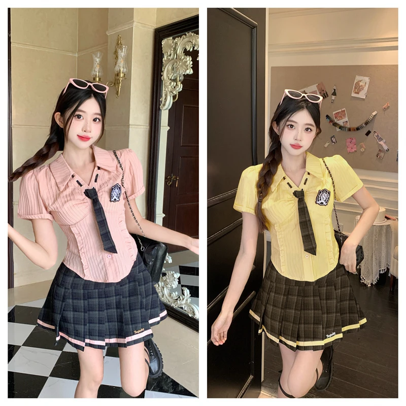 18863 大码胖MM美式甜心学院风领带短袖衬衫+a字百褶短裙两件套
