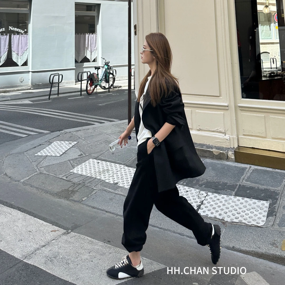 HH.CHAN“卫帅裤”100%棉高克重高品松紧腰黑色束脚卫裤HH53S37039