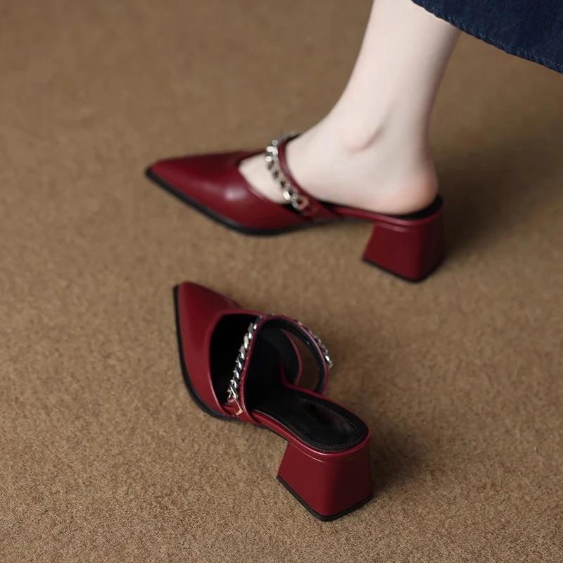 软皮绝美时尚高级感包头半拖鞋女外穿凉拖2025夏日配裙子高跟单鞋