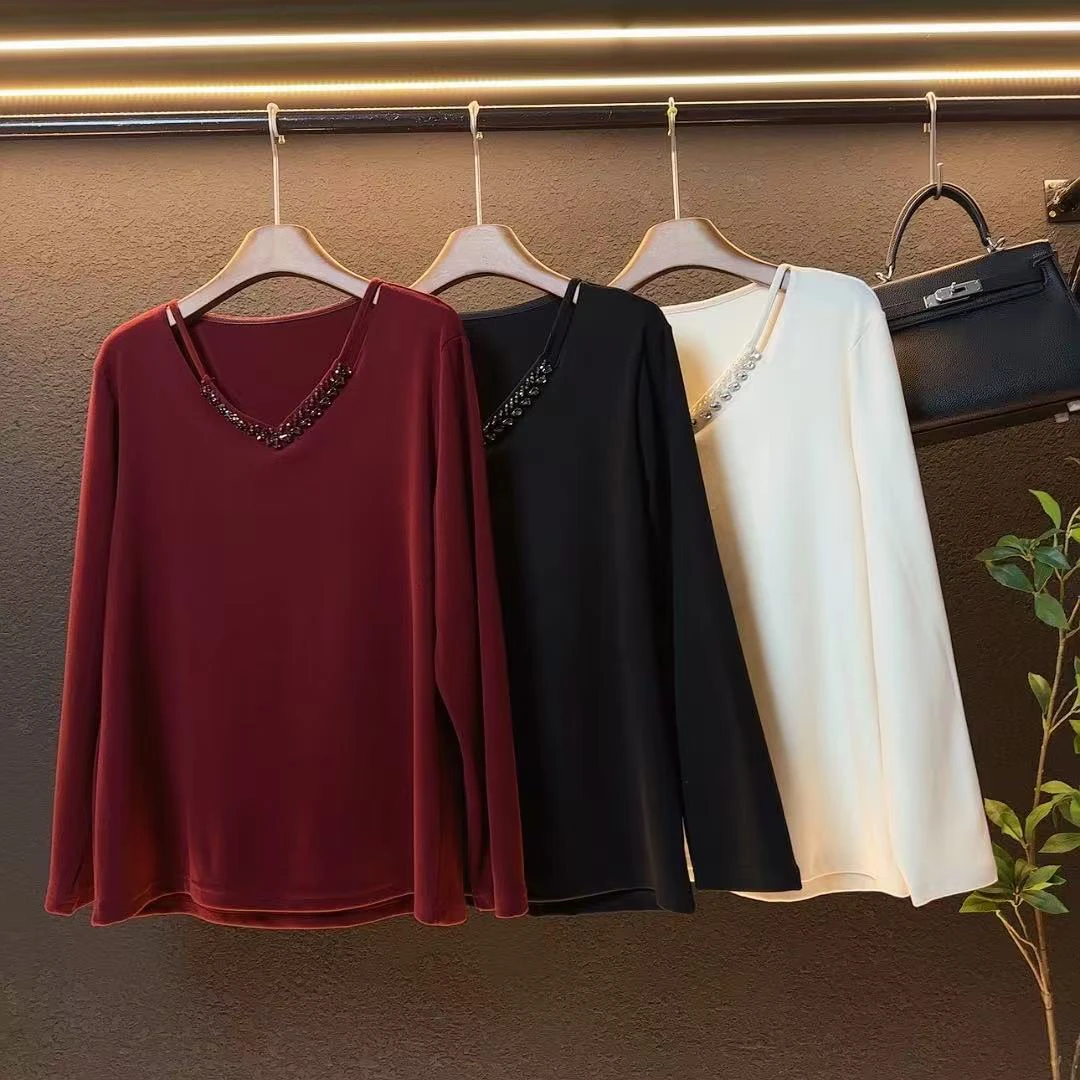 新款大码磨毛加厚百搭v领显瘦重工洋气小衫/2203