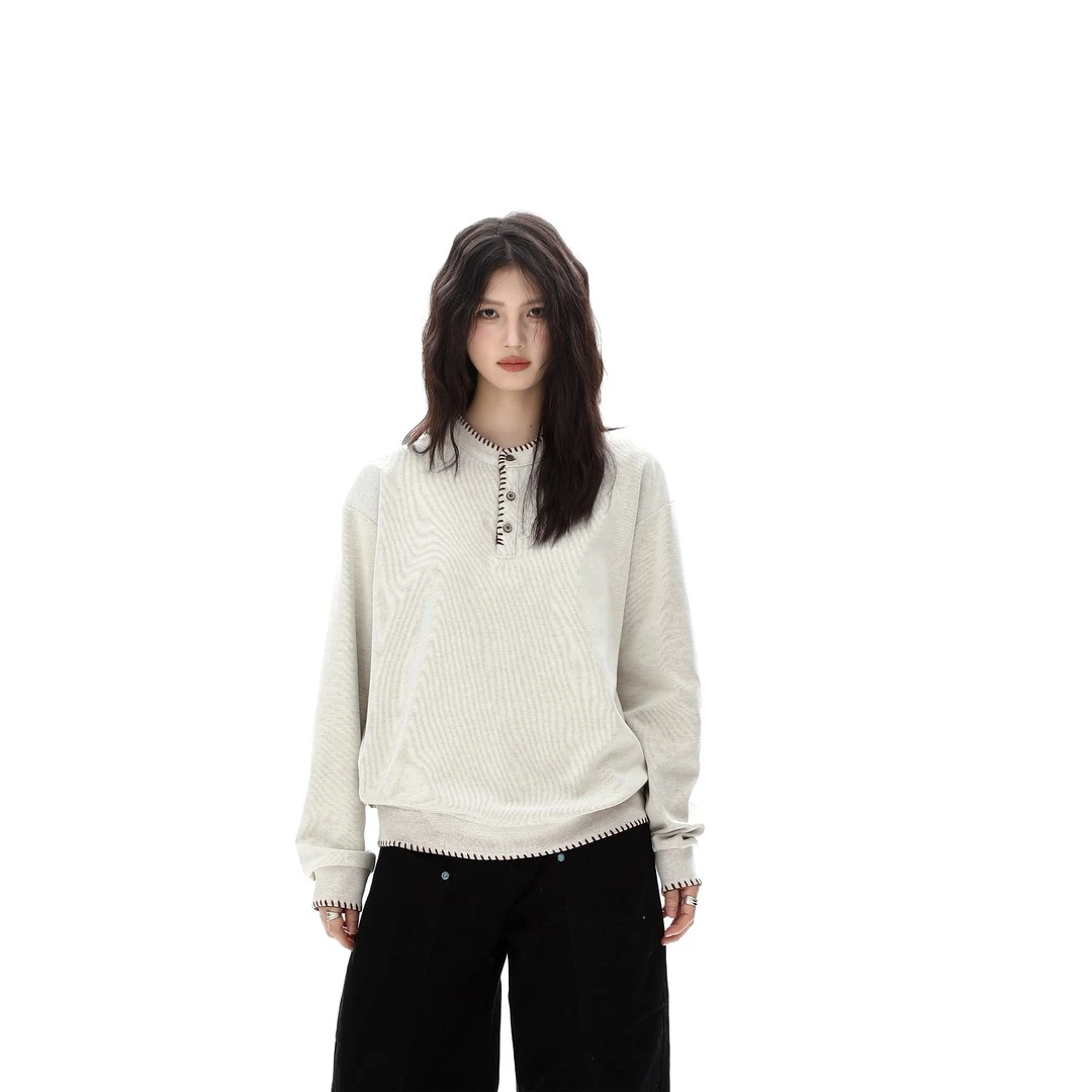 Showof秋季美式手缝线亨利领针织卫衣男女老钱风休闲宽松长袖上衣