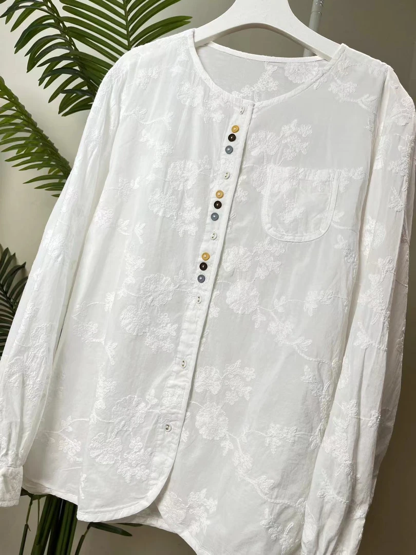 【门襟彩扣重工花卉刺绣棉衬衫】2649