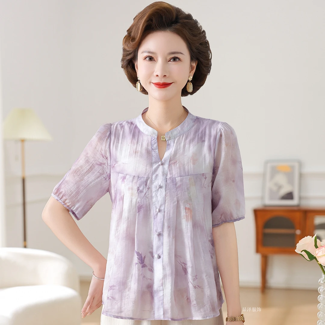 恒源祥彩羊妈妈装洋气短袖小衫中老年女上衣夏款薄款休闲百搭T恤