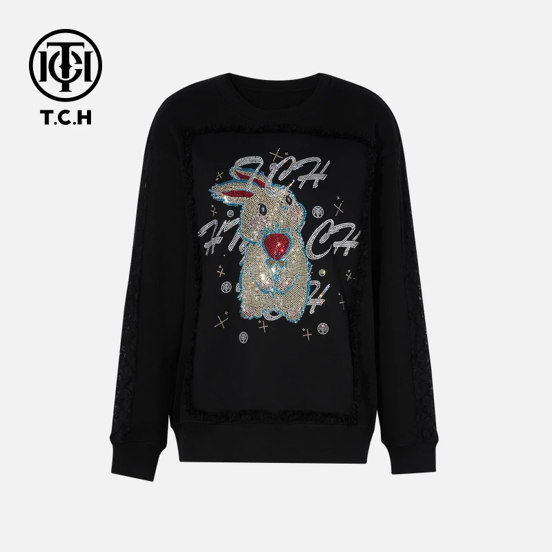 TCH私服烫钻工艺时尚休闲百搭舒适圆领衫女T75C11B1001轻奢tch
