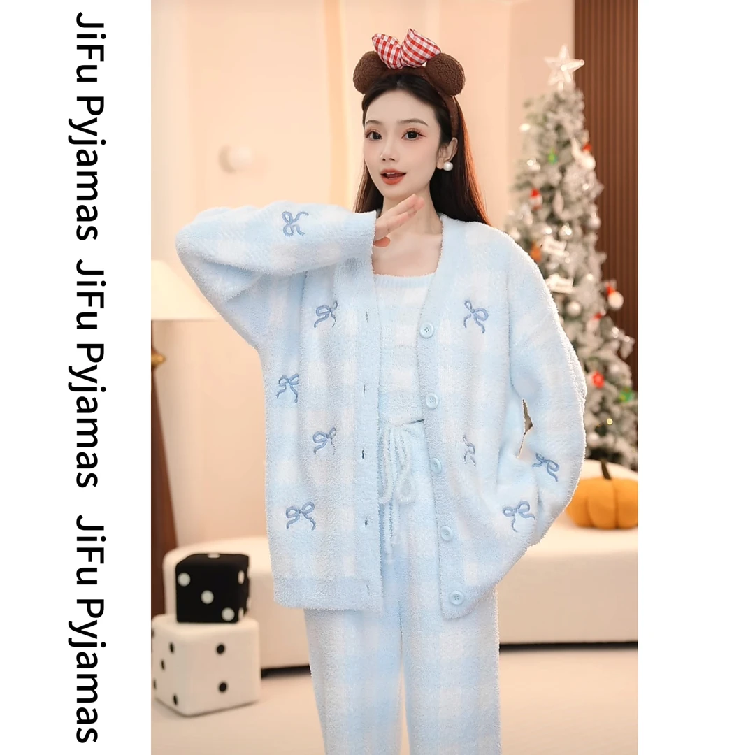 【三件套】冬季高端软绵绵家居服半边绒简约宽松睡衣女套装