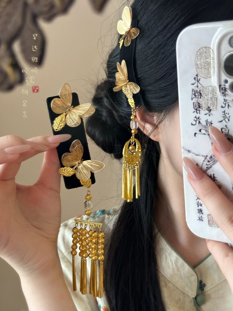 金色蝴蝶流苏发夹女新中式复古高级感夹子古风国风刘海侧边夹发饰