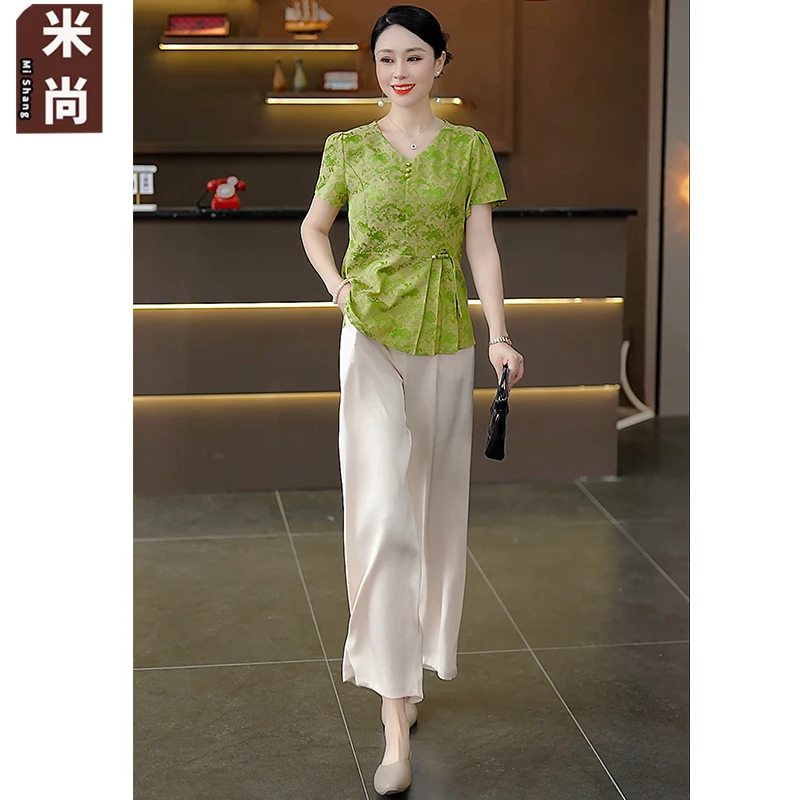 新中式国风套装女2025新款夏装妈妈短袖V领衬衫女士休闲裤两件套