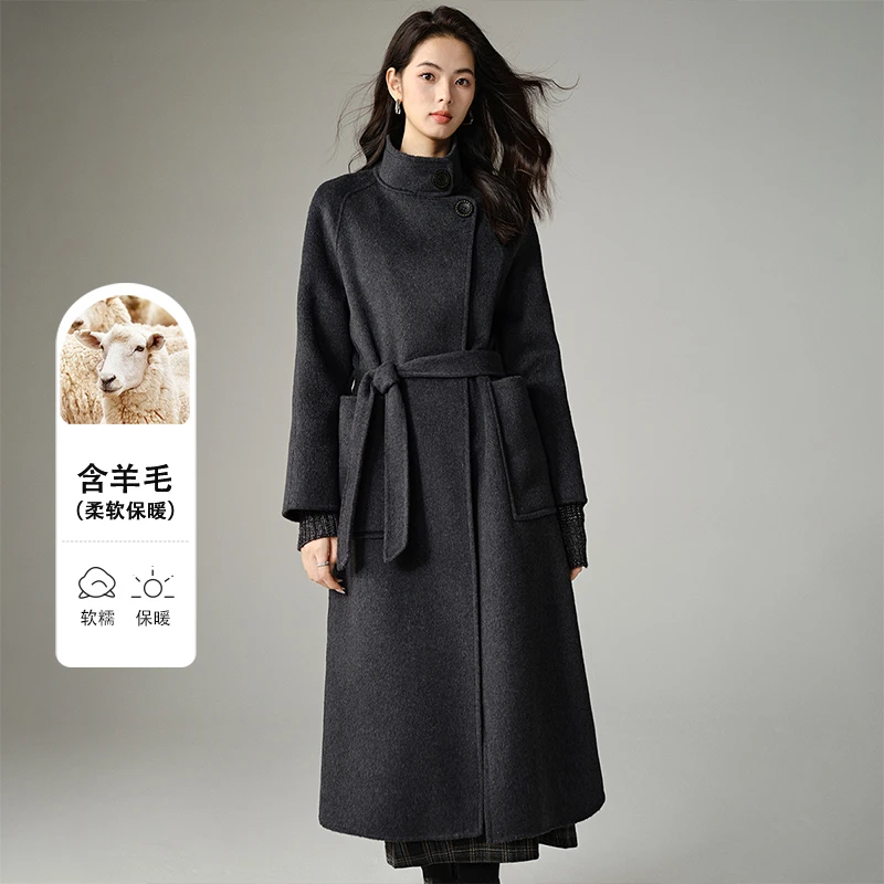 晚白【新品】2025冬系带上衣外套百搭长款大衣女25062156