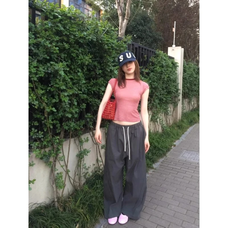 美式撞色条纹圆领正肩短袖t恤女夏季辣妹修身百搭短款半袖上衣薄