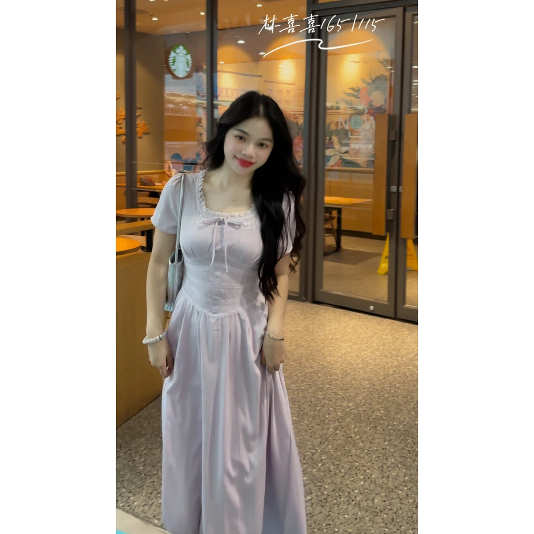 芋泥波波-夏季短袖中长款紫色连衣裙复古设计感百搭法式显瘦