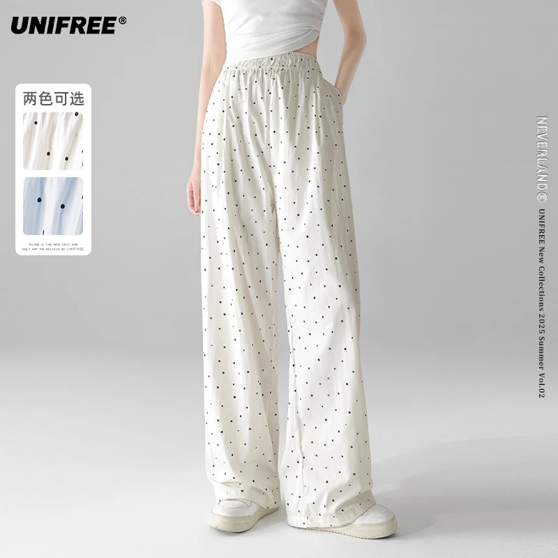 UNIFREE复古简约波点休闲裤高腰阔腿拖地长裤U252P028B1B1