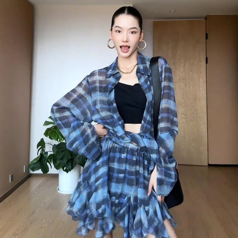 【海盐栀子】慵懒松弛感格纹空气半透长袖衬衫半身裙夏季休闲两件套