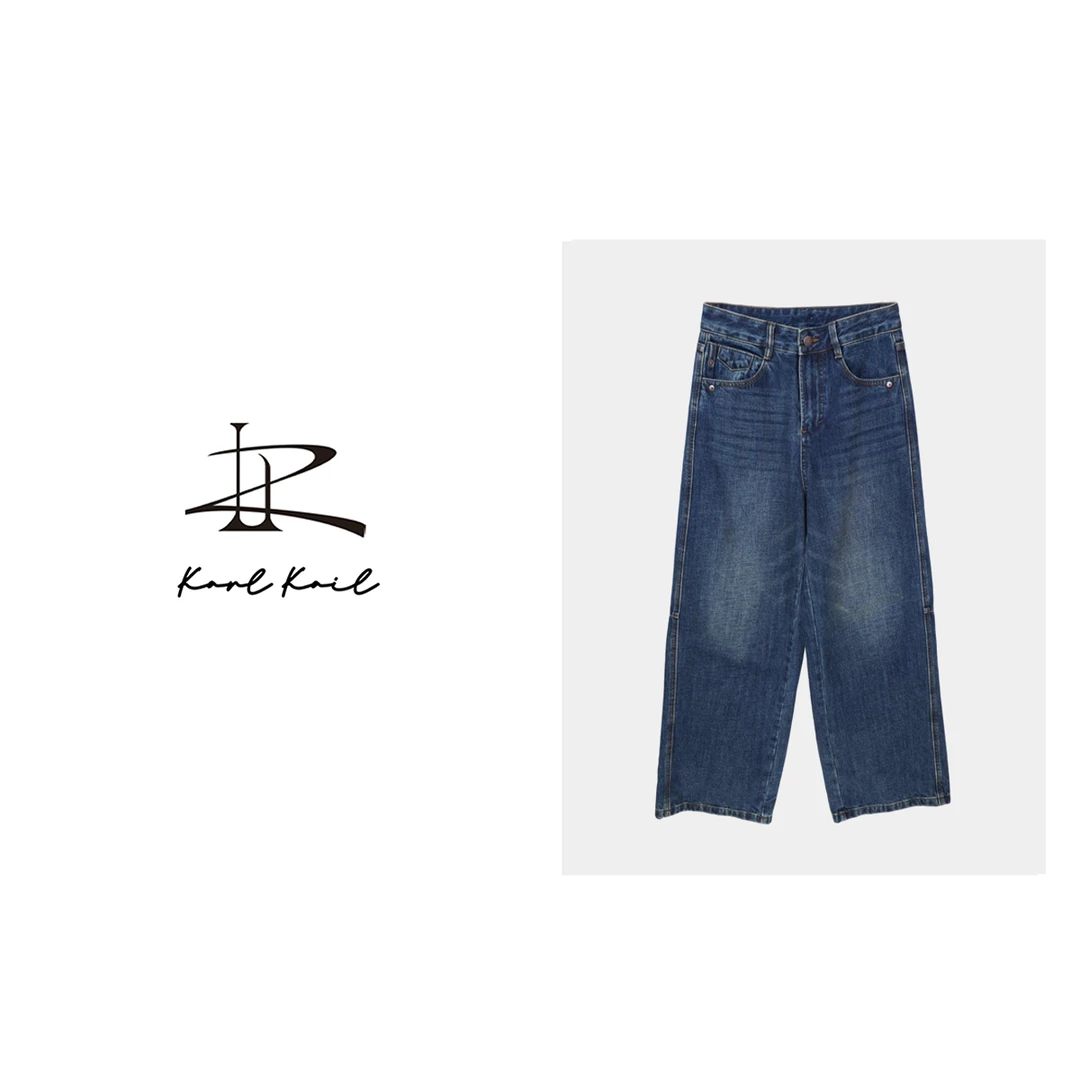 kAREKAIE秋冬必备水洗棉解构薄绒深色直筒牛仔裤KHA210