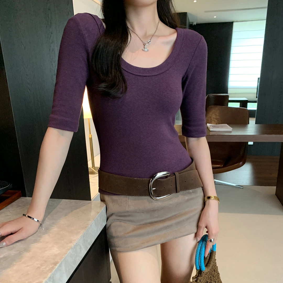高级不撞款紫色U领修身中袖T恤女夏2025新款超好看独特漂亮小上衣