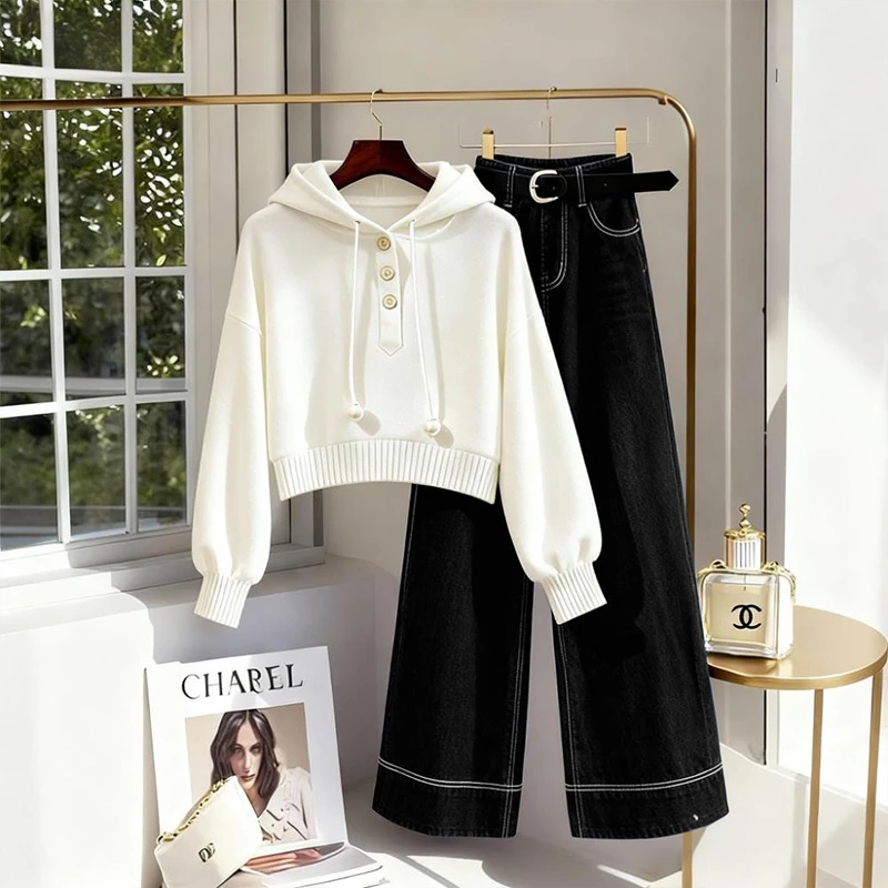 小众别致白色连帽抽绳卫衣女秋季新款高腰休闲百搭直筒裤子两件套