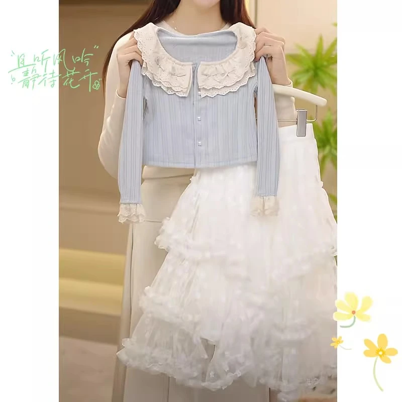 女童花边衬衫半身纱裙套装2025春款甜美蕾丝打底衫开衫蛋糕长裙