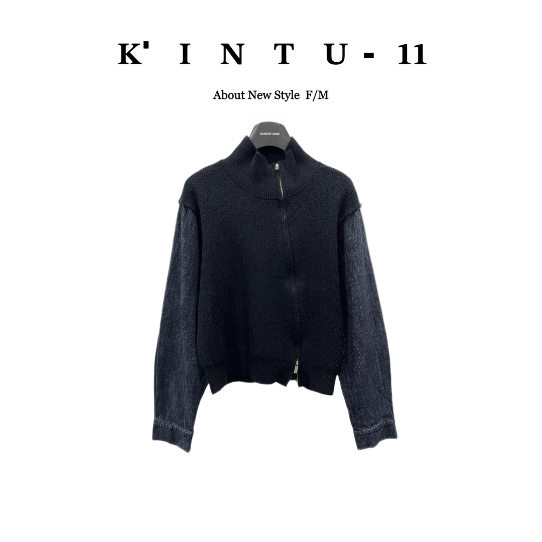 【K-11】原创设计拼接牛仔长袖高领半开拉链毛衣11587