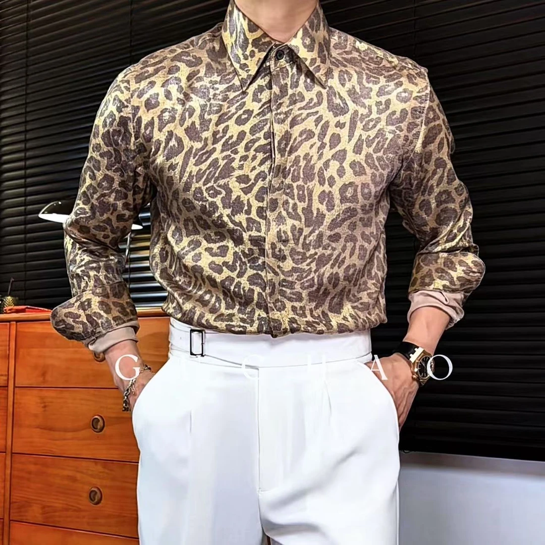 【Gc-古潮】-春秋季-轻奢美式豹纹抗皱男士百搭修身长袖衬衫