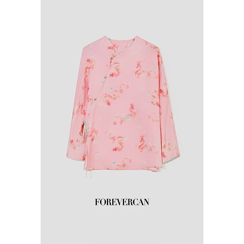 FOREVERCAN“喜龙衔枝”新中式国风琉璃扣斜襟V领上衣ST21140