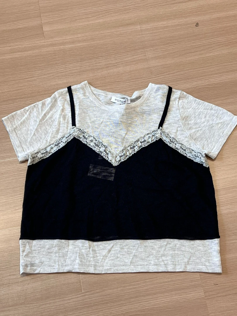 拼色蕾丝短袖抗皱纯色拼接T恤抹胸百搭职场休闲A10-A1190