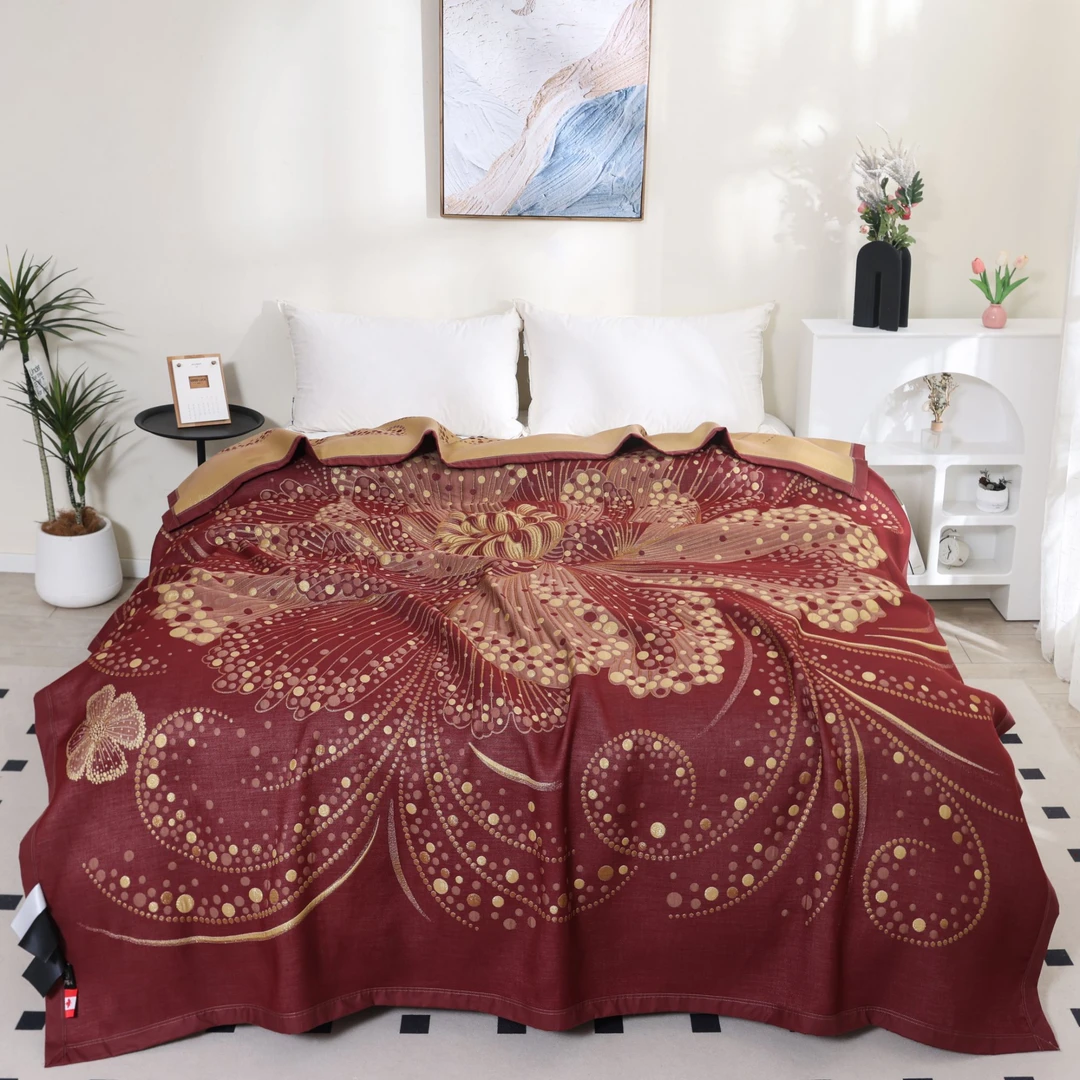 床盖【菊花满园 红色】2X2.3米 纯棉纱布四季可铺可盖 床盖