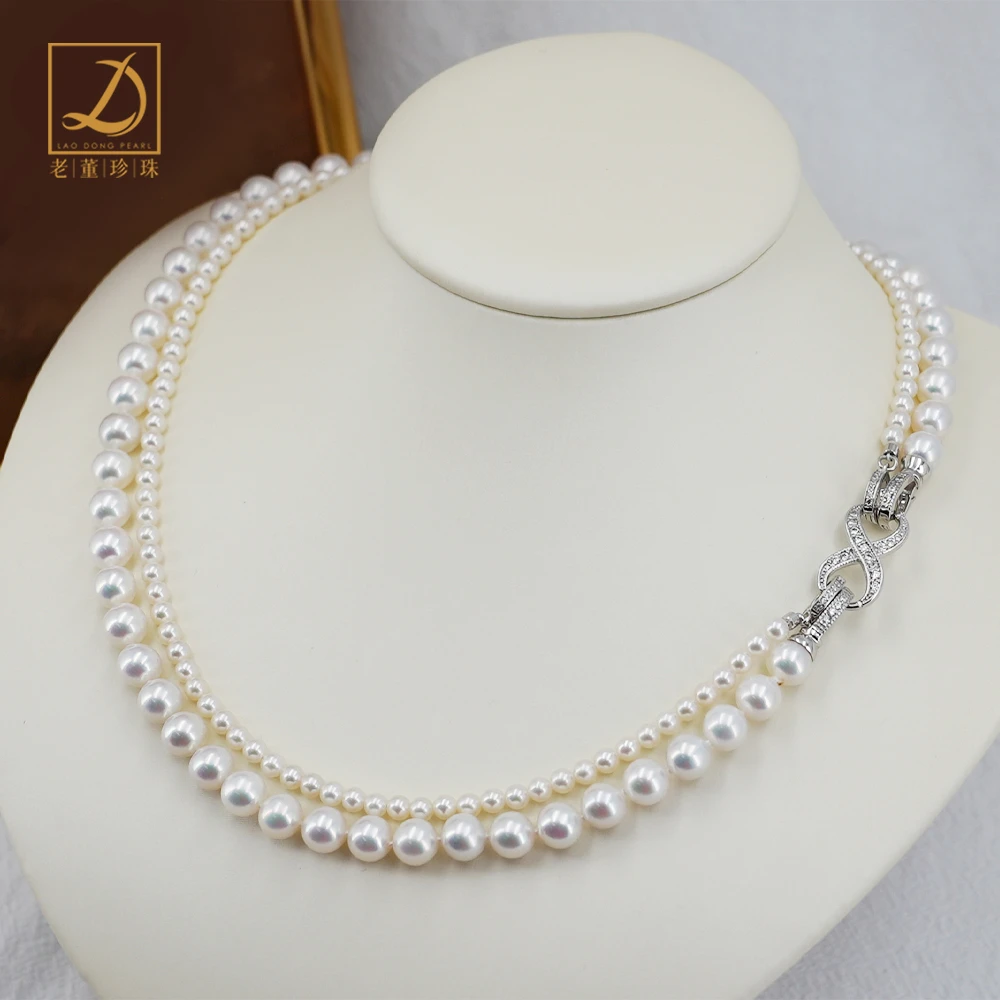 5A | 两条有核7-7.5/3.5-4mmS925银双排珍珠项链 淡水珍珠项链