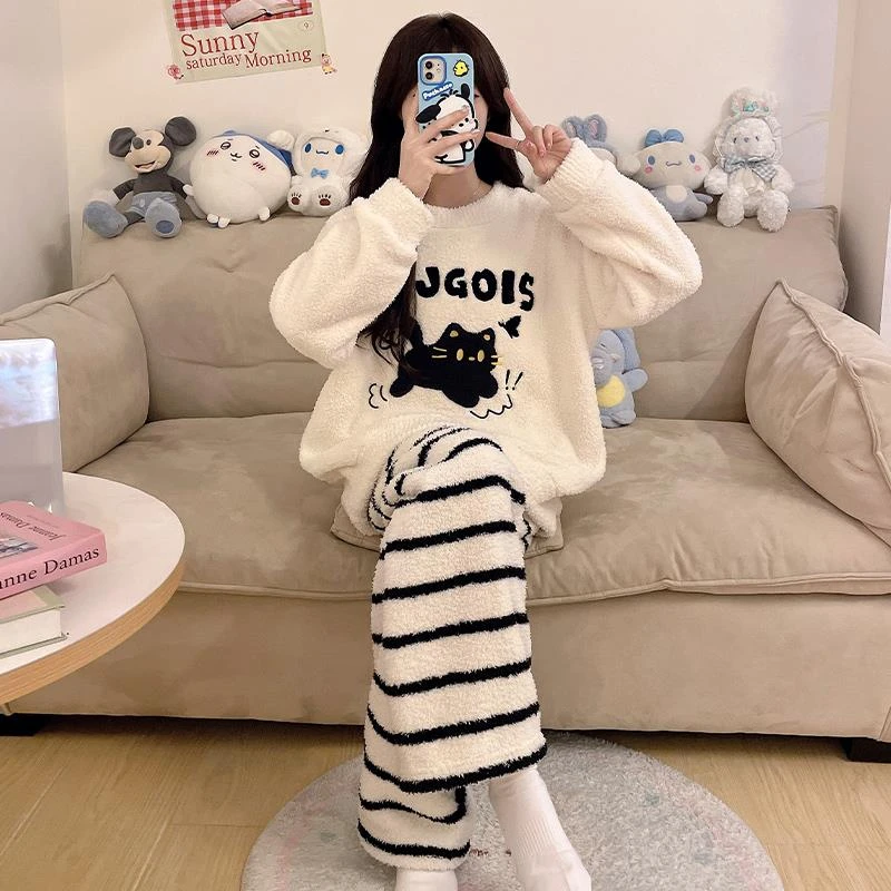范哲萨半边绒睡衣女款冬季加厚加绒珊瑚绒可爱小猫学生套装家居服