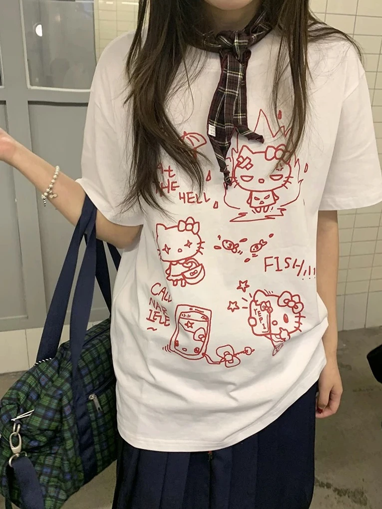 韩系ins分简约卡通线条kt宽松百搭休闲风慵懒港短袖T恤上衣