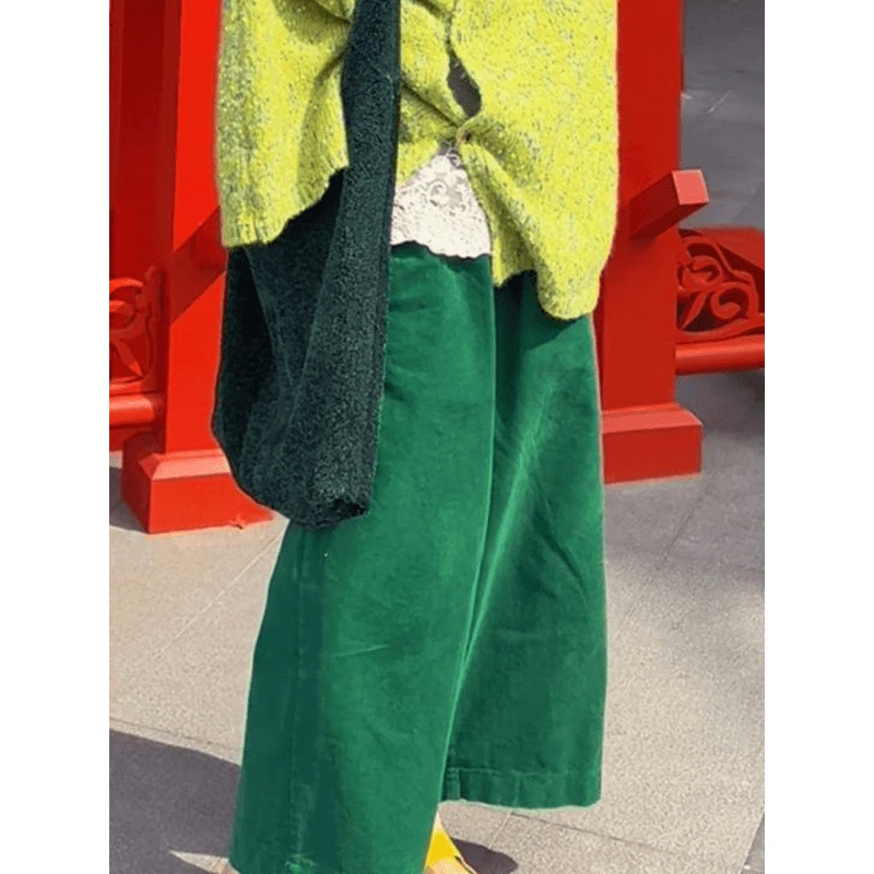 哇！色系好美！绿色网红小众设计款复古直筒阔腿裤女休闲裤宽松裤子