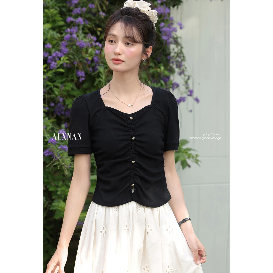 【品牌撤柜款ZB】法式黑色方领别致T恤女夏新款独特短袖上衣L55771