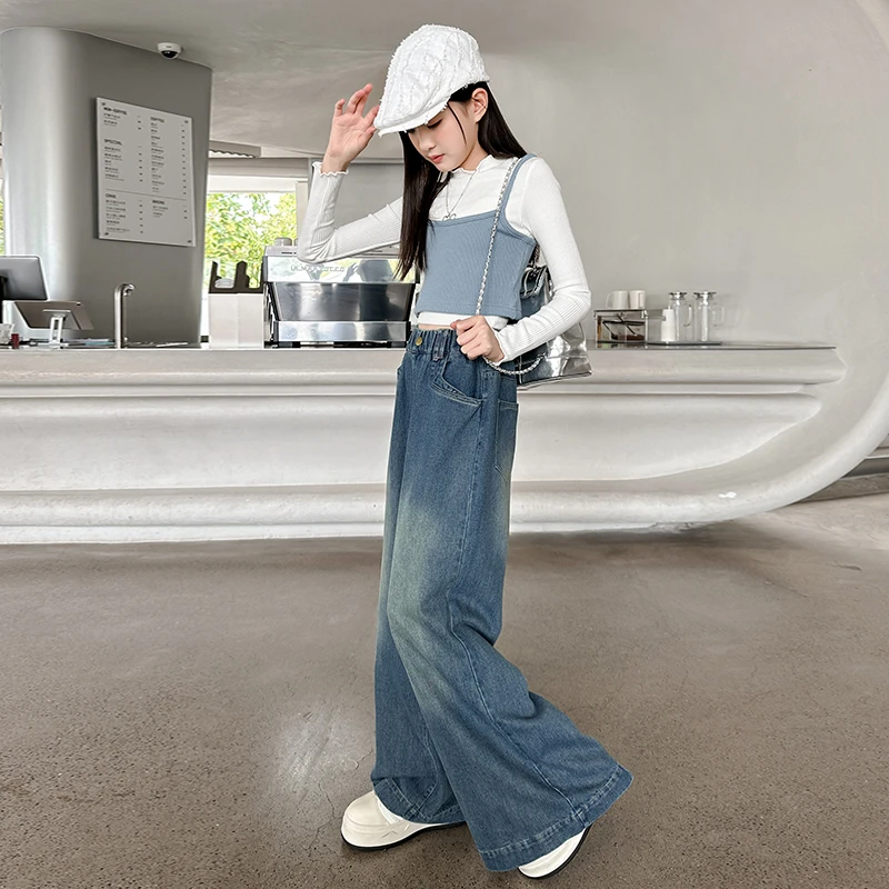 女童裤子秋季中大童新款百搭显瘦牛仔裤女孩时尚阔腿裤秋装拖地裤