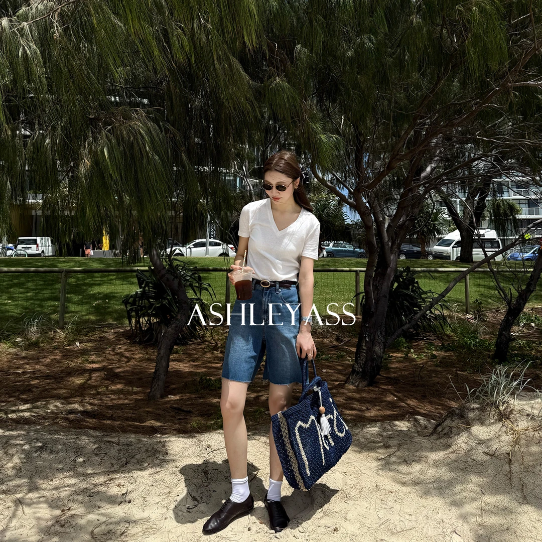 【ASHLEYASS】“库克”斜纹棉布蓝色绳染工艺毛边牛仔短裤LSN250070S