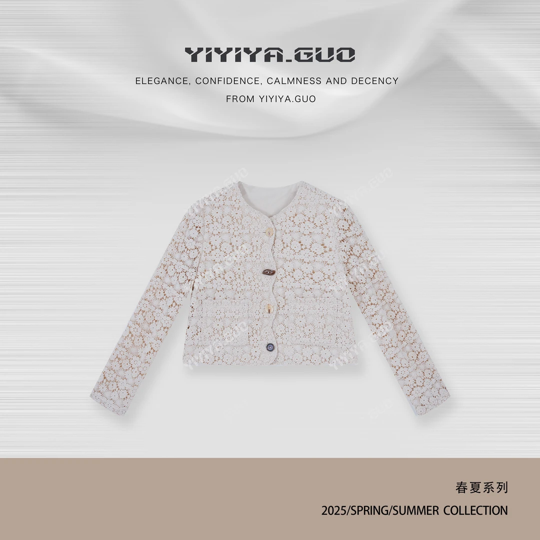 yiyiya.Guo艺艺吖【露花浓】时尚休闲百搭镂空圆领开衫外套0658SS52