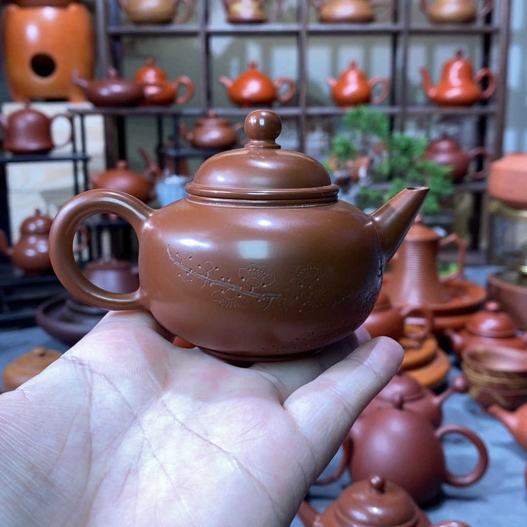 紫砂茶壶吴翰石矿朱泥水平刻绘 100cc