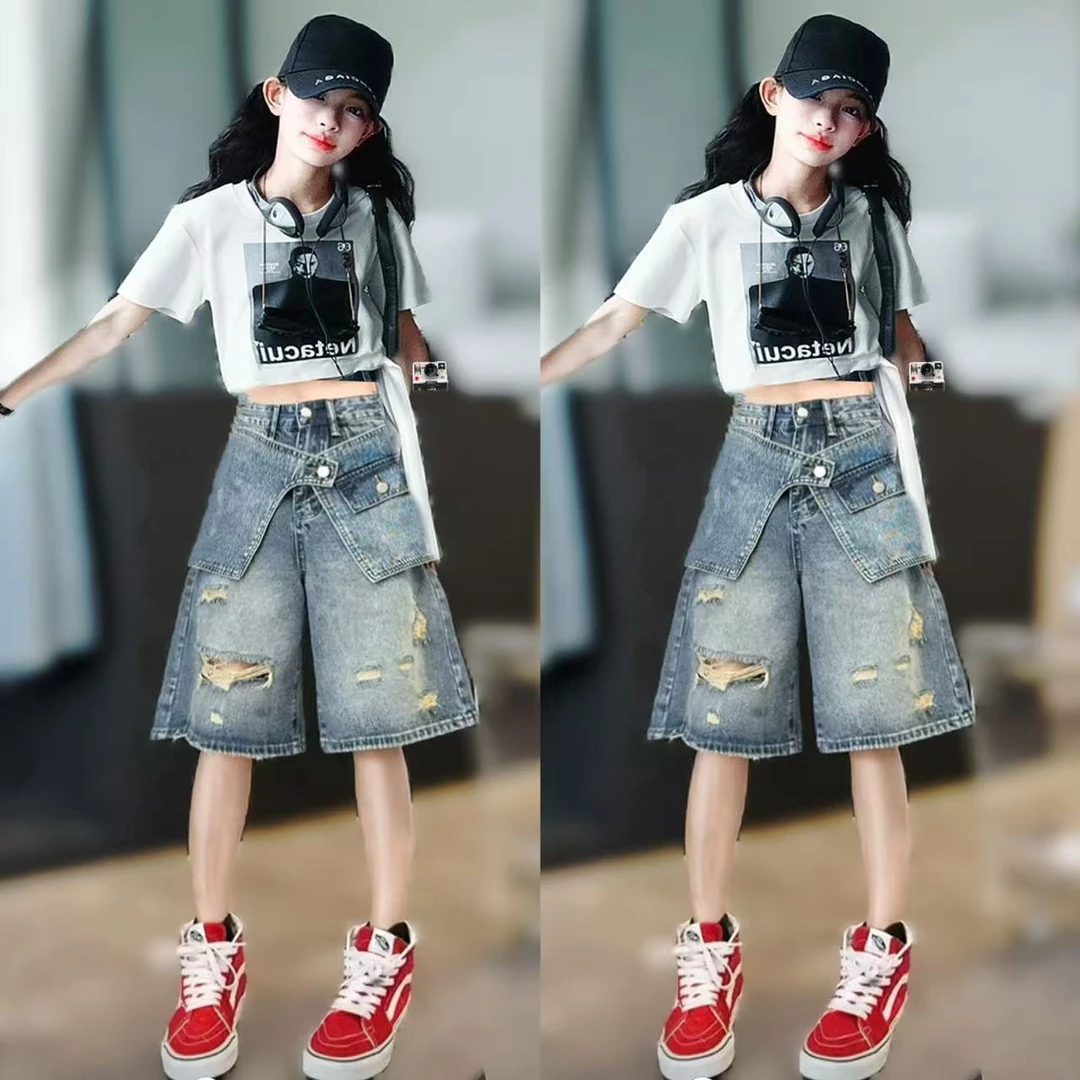 女童T恤牛仔裤套装2025夏日新款儿童美式短袖t时尚中裤夏装两件套