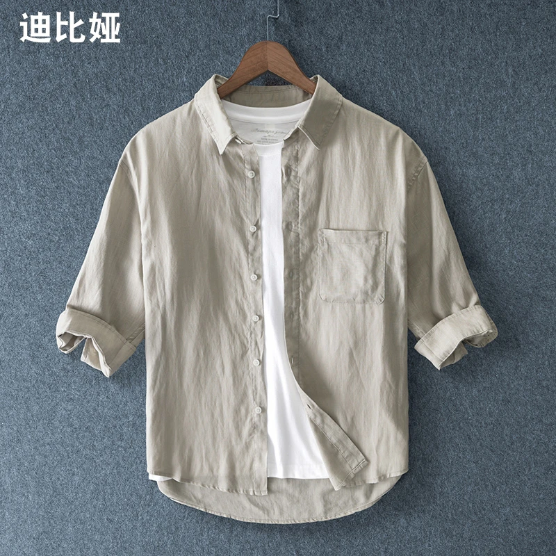 迪比娅夏季薄款亚麻中袖衬衫落肩老钱风麻料五分袖衬衫男高级感T