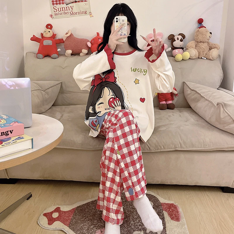 睡衣女童春秋季100%纯棉长袖家居服卡通女孩初中生外穿加大码套装