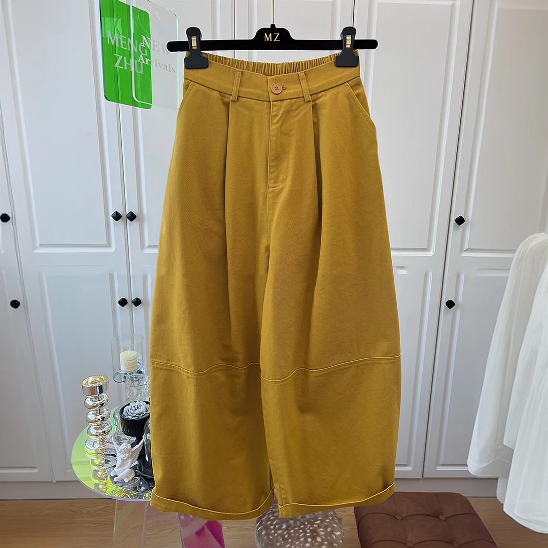 高端欧货2025新款半松紧高腰松弛感休闲阔腿直筒裤女春九分奶奶裤