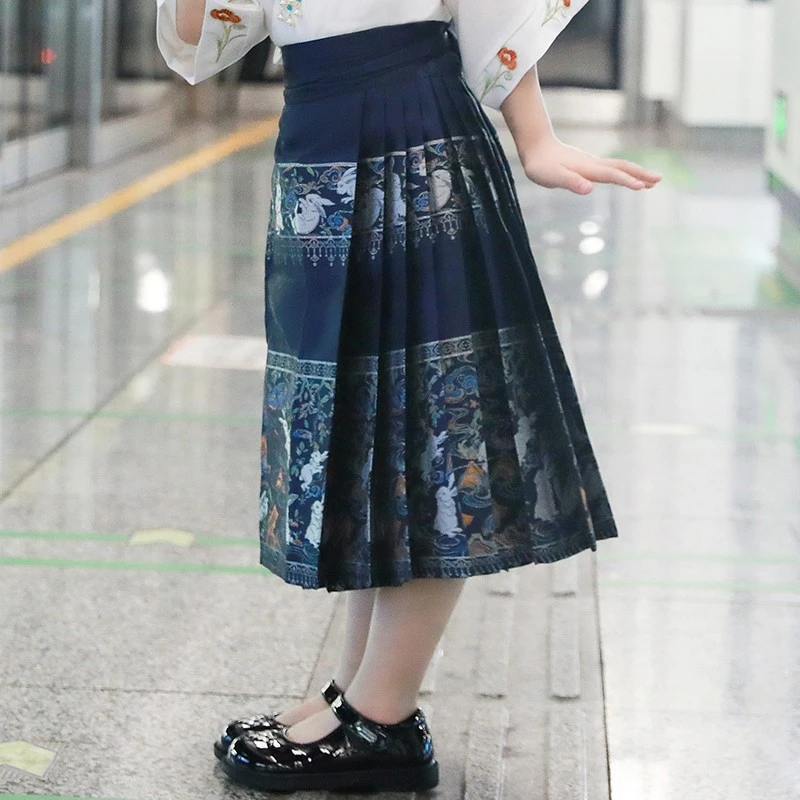 藏青马面裙女童中国风儿童汉服古装半身裙女宝中长款女孩国潮裙子