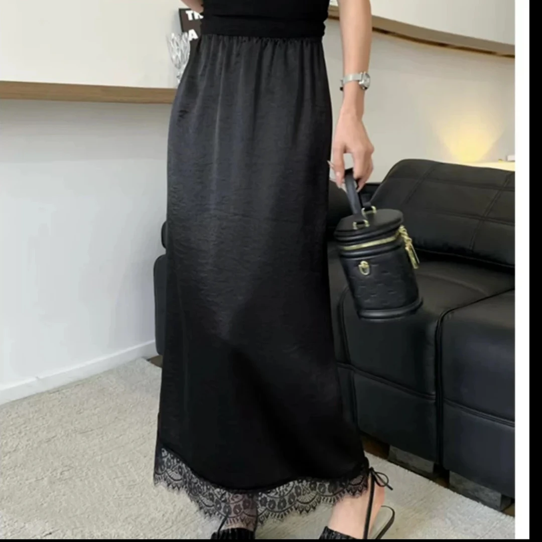 高级感黑色松紧腰蕾丝边酸醋半身裙女垂坠感夏季新款A字遮肉裙子